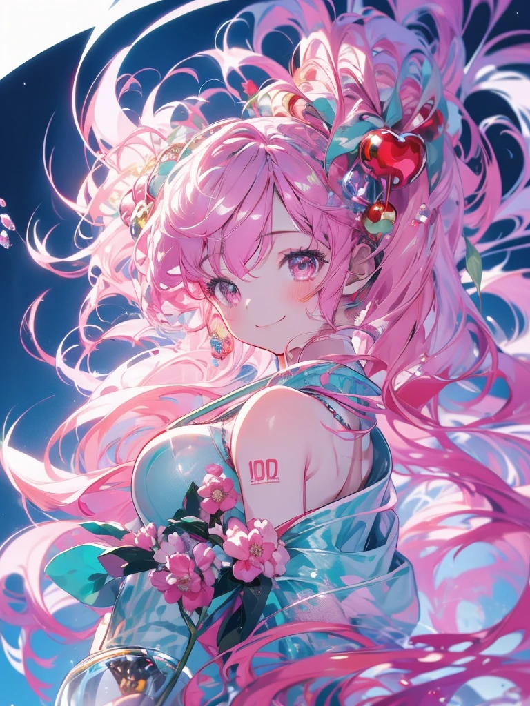 masterpiece、Hatsune Miku、Pink Hair、Long Hair、Cherry hair ornament、The wind is blowing、Sparkling eyes、smile、Holding a plastic bottle、Upper Body、(((Composition from above)))