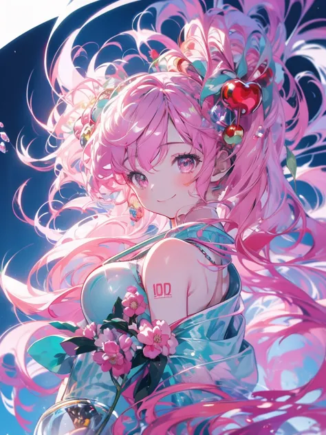 masterpiece、hatsune miku、pink hair、long hair、cherry hair ornament、the wind is blowing、sparkling eyes、smile、holding a plastic bot...