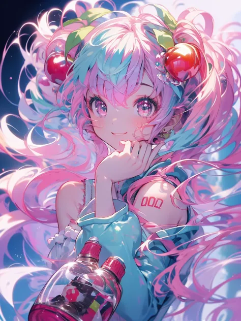 masterpiece、hatsune miku、pink hair、long hair、cherry hair ornament、the wind is blowing、sparkling eyes、smile、holding a plastic bot...