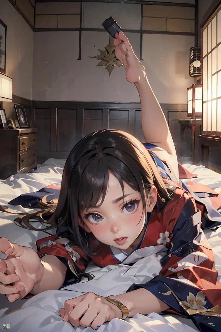 (lying on a japanese bed , super seductive body position:1.5), a beautiful anime girl, 1girl, wearing a blue and red kimono, japanese room, super seductive face, super seductive body position, masterpiece, photorealistic, hyper detailed, ultra-detailed, 8k, highly detailed, cinematic lighting, volumetric lighting, dramatic lighting, intricate details, elegant, graceful, captivating, alluring, sophisticated, refined, stunning, exquisite, gorgeous, enchanting