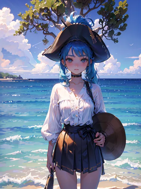 masterpiece、girl、rainbow hair、sparkling eyes、ocean賊の服、(((wear a tricorn hat)))、serious face、ocean、on the boat、upper body