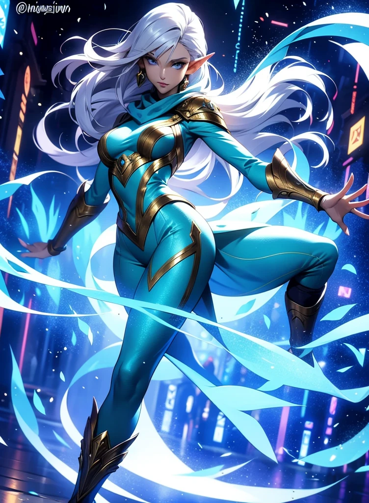 Professor Elowen Mistralight, An elf woman, Delicate, medium-height elf with silver hair., mysterious and penetrating light blue eyes, He wears a tunic with drawings of wind and water., sky blue skinny pants, long, with navy blue riding boots, the boots reach the knee, a magic wand and a castle background, animated style. Individual image of her full body.. He is in action pose.. Has one leg raised with the knee bent., His mouth is slightly open as if he had been exercising a lot.... He has light skin. She has her hair loose and waving in the wind.... feminine and sexy body.