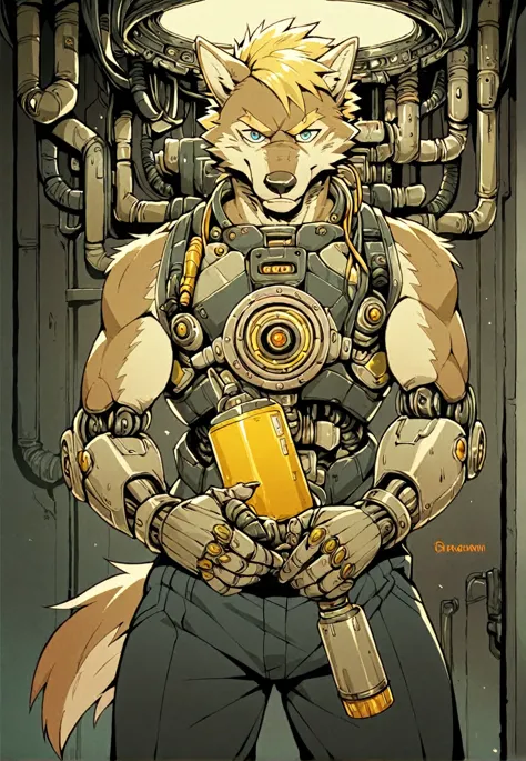 (anthro wolf boy:1.2),blonde,obslete machine,tatsuyuk,looking at viewer, male, cyborg, score_9, score_8_up, score_7_up, score_6_...