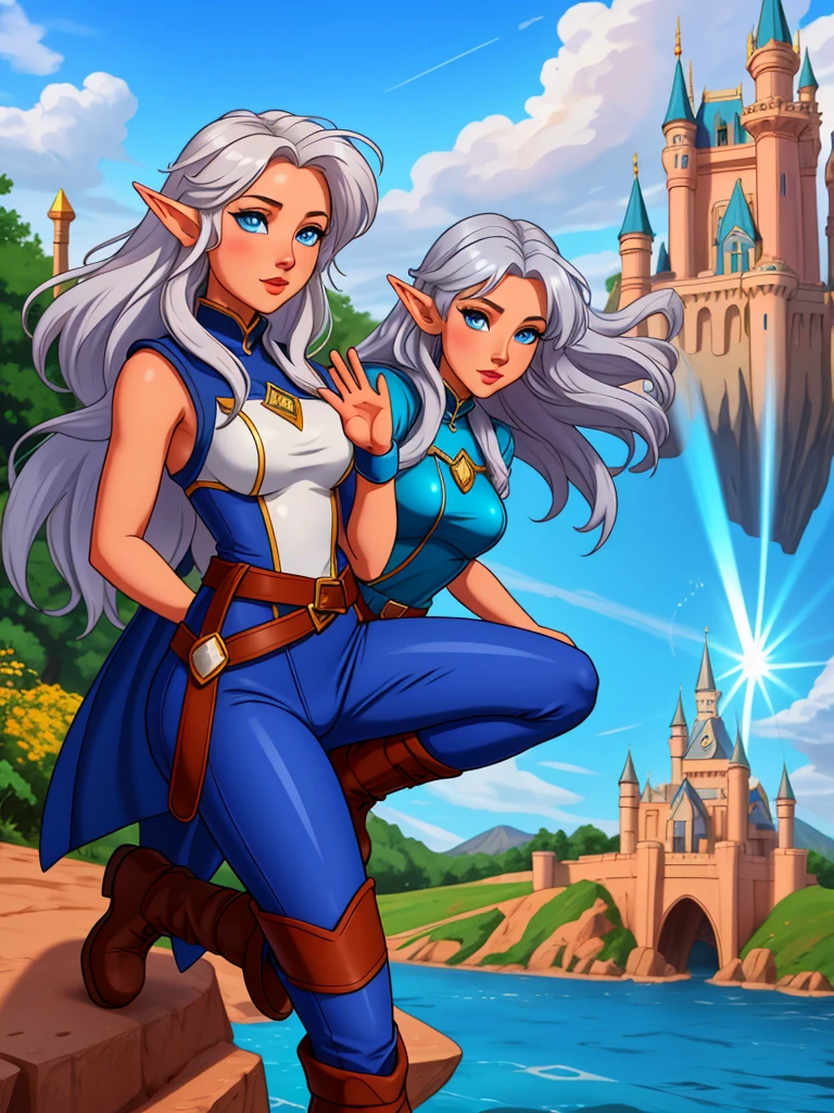 Professor Elowen Mistralight, an elf woman 2, Delicate, medium-height elf with silver hair., mysterious and penetrating light blue eyes, He wears a tunic with drawings of wind and water., sky blue skinny pants, long, with navy blue riding boots, the boots reach the knee, a magic wand and a castle background, animated style. Individual image of her full body.. He is in action pose.. Has one leg raised with the knee bent., His mouth is slightly open as if he had been exercising a lot.... He has light skin. She has her hair loose and waving in the wind.... feminine and sexy body.