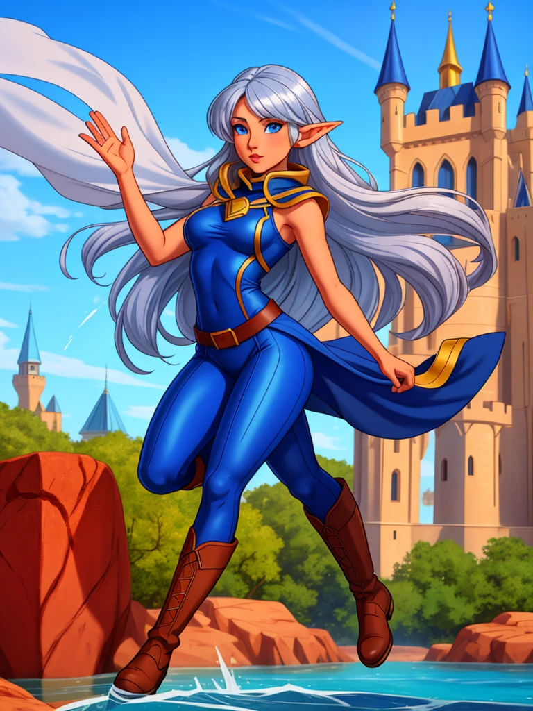 Professor Elowen Mistralight, an elf woman 2, Delicate, medium-height elf with silver hair., mysterious and penetrating light blue eyes, He wears a tunic with drawings of wind and water., sky blue skinny pants, long, with navy blue riding boots, the boots reach the knee, a magic wand and a castle background, animated style. Individual image of her full body.. He is in action pose.. Has one leg raised with the knee bent., His mouth is slightly open as if he had been exercising a lot.... He has light skin. She has her hair loose and waving in the wind.... feminine and sexy body.