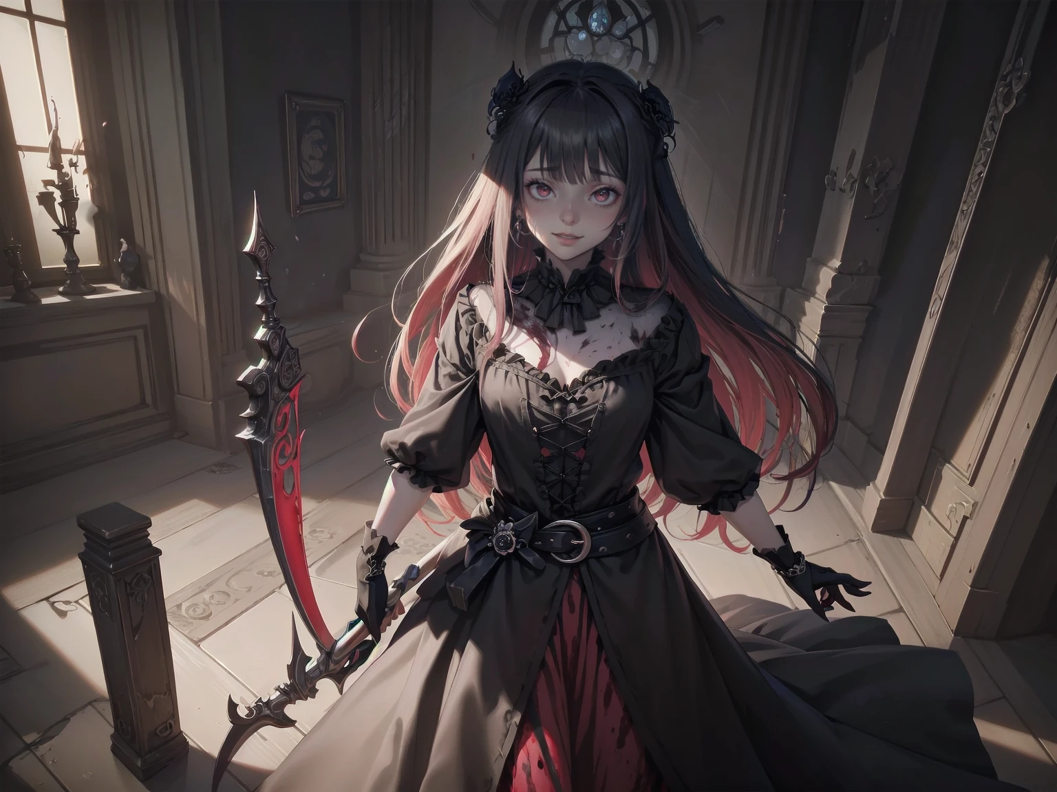 shaded face　、beautiful girl、とてもcute天使、Pink T-shirt、cute、Baby Face、smile、Long skirt、Black long boots、.(Highest quality,4K,High resolution,Masterpiece 1.2),Very detailed,Realistic 1.37,Spooky altar background,Dark fantasy,Red color scheme,Ominous atmosphere,Eye-catching,Storytelling,anatomy,Anime Style,Concept Art,beautiful細部までこだわった顔と (((Red eyes ))),A terrifying ritual ,Satanic Ritual,Premature death,inappropriate behavior,クレイジーなsmile,Scythe Face,Girl Monster, beautiful, Delicate facial features, Sharp Eye, Sharp Fangs, pale skin, Dark Background, Cinema Lighting, Dramatic Shadows, Gothic style, Gloomy atmosphere, Dark fantasy, one person&#39;s, Please open your mouth wide, Open your mouth and baring your teeth,Sharp teeth like a beast, Wide lips, very wide mouth, Vermilion cheeks, ,(Blood splatter1.3),Scary smile, smile,Angel Design, Twisted smile、Bloody、bleeding from the head,,,,,、Blood splatter、,(Blood splatter1.3),skull,Horror Style, ((Fantasy Sweet Ta Frill Pink Costume)), ((Flowing blonde hair)), ,(Blood splatter1.3),Female curves, Sexy flat stomach, Perfect hands, Perfect anime face, (Pink Tata Dress)), Are standing, ((邪悪なsmile)), ,(Blood splatter1.3), Steam circulates, Moonlight Illumination, night lighting, (Blood splatter1.3),アニメAngel Design, Twisted smile、Bloody、bleeding from the head,,,,,、Blood splatter、,(Blood splatter1.3), skull,Gothic architecture、Western architecture、Fantasy World、,Victorian cities, Skeleton Gas Light,Absurd, High resolution、 ((Tabletop)), ((Highest quality)), (Very detailedな), ((Very detailed)), (beautiful), ((cute)), (nfsw1.8), alone,(1.6)、(world&#39;The most terrifying and creepy demon girl 1.5)beautiful face、Whole Body Ezbian、pale, beautiful肌、beautiful金の髪、優しくsmileむ、Dark building ruins、(snow white&#39;Frill dress 1.3)、(The dark ruins are stained with blood 1.3)、Low angle full body shot、(少女は血の海の中にAre standing1.2)、(The ground is .3)、(The girl lost a lot of blood....1.3)、(クレイジーなsmile1.6)、Spirits、(Blood dripping from the mouth 1.3)、
