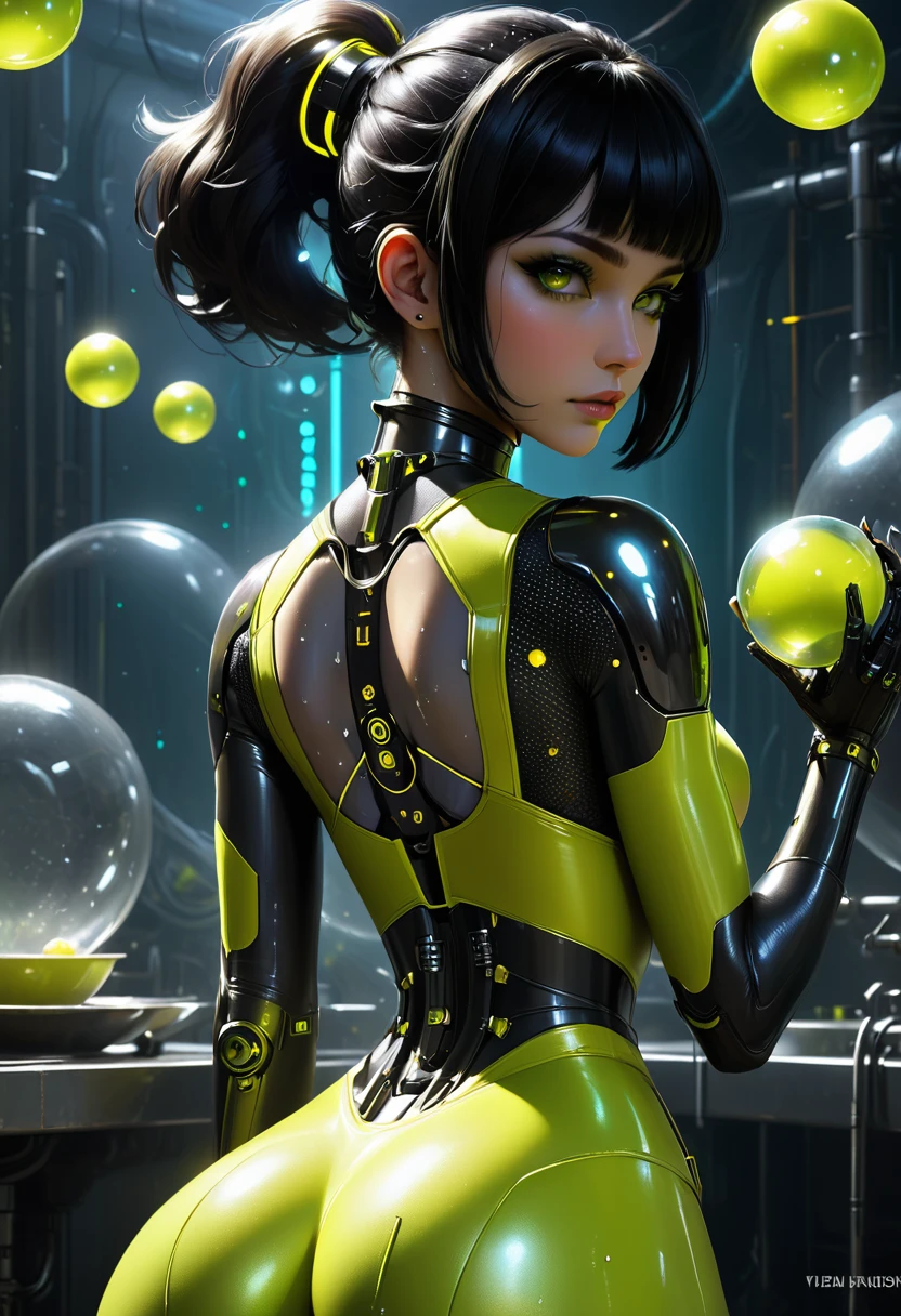 (humanoid cyborg alloy of carbon and thetan, in the style of K-pop pin-up, animation) , (black, yellow and lime green), Jenny Kim, ((Funky-pop cyberpunk)), stands with her back to the viewer, a robot woman washing dishes in an apron, a feminine figure, on it many soap bubbles, (Legend from Sayyida al-Hurra II and the Spacepirats), Arabesque influence, Space Art, Science Fiction Art, Influence of Darkness, Kinetic Art, 3D, Metal Effect, Mixpunk, Cyberpunk, CyberTech Elements, Futuristic, Epic Style, Illustrated v3, Deco Influence, Airbrushing style, drawing, art by Ilya Kuvshinov