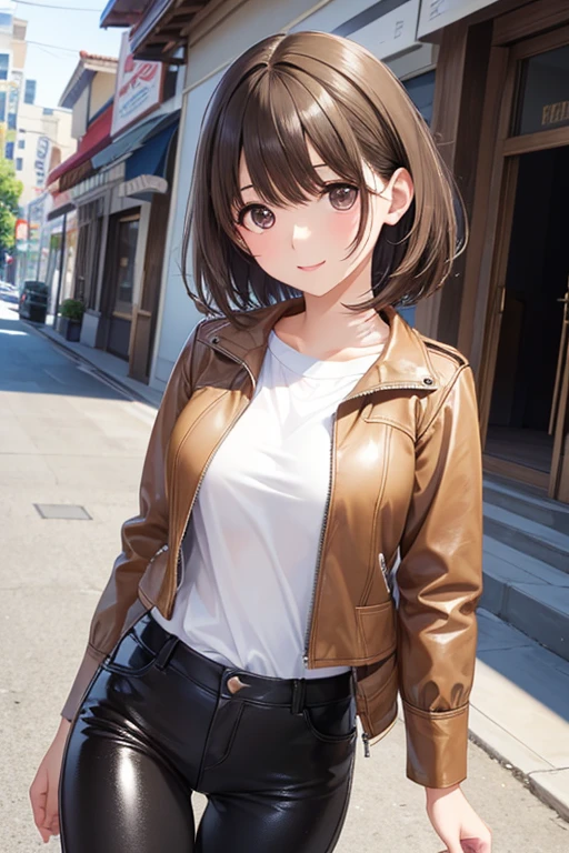 anegasaki nene、Shiny brown hair, short hair, (Beautiful brown eyes、Sparkling eyes, Fine grain)、smile、Ultra-detailed eyes、Very detailed顔, Very detailed目,



(Highest quality, masterpiece, RAW Photos,Very detailed:1.2), One girl ,Highest quality、masterpiece、High sensitivity、High resolution、Detailed Description、Slender women、Riders jacket、Leather pants