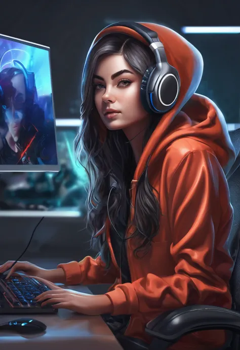 hot girl, wear hoodie, headset and contoller, sitting on a chair in front of a monitor, realistic