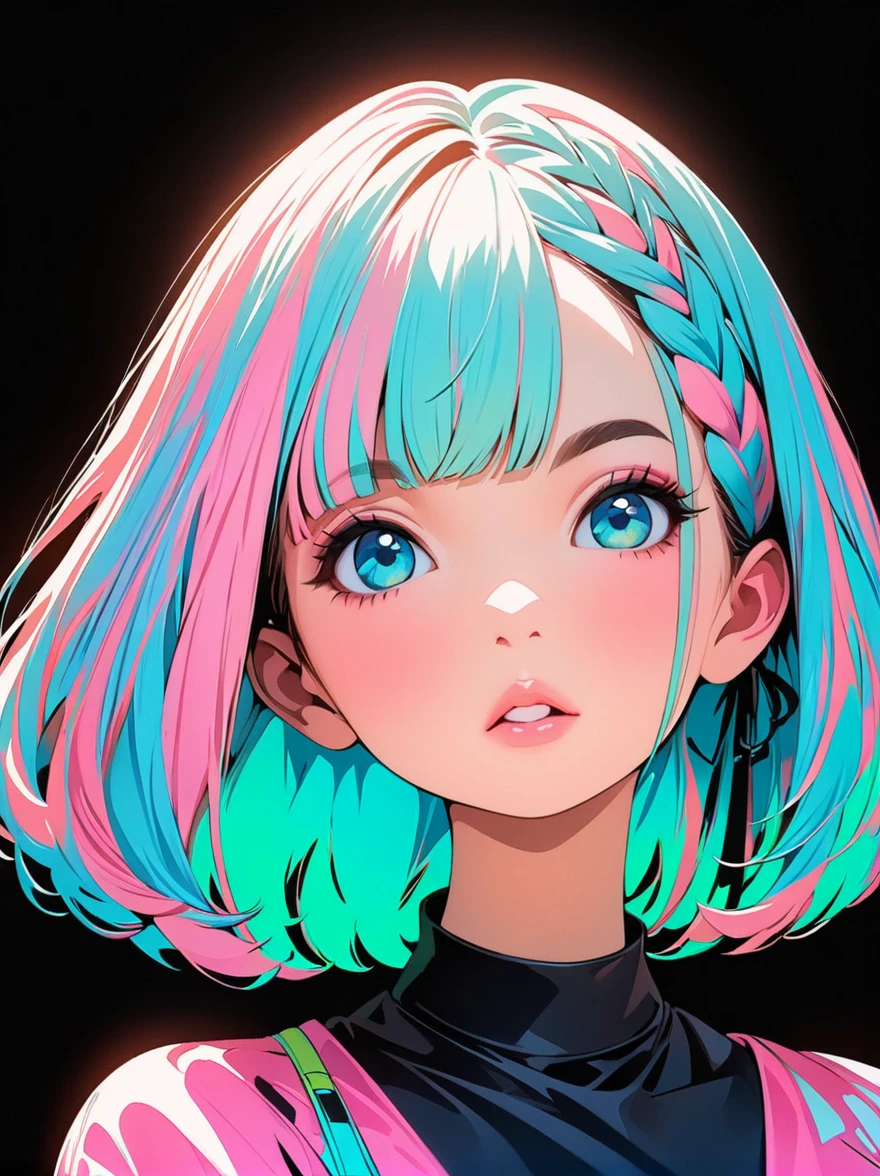 (Highest quality:1.2, City Pop Style, Very detailed, up to date, Vibrant, High Contrast, masterpiece:1.2, Highest quality, Best aesthetics), girl, ((Face Up Shot:1.4)), Colorful Hair, Bobcut, Braid, pastel colour, Plain background