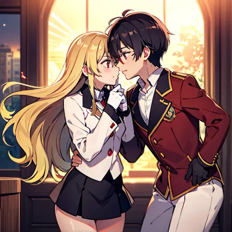 1 boy with black hair, red jacket and glasses romantically kissing a girl with blonde hair and red eyes. with a white miniskirt,...