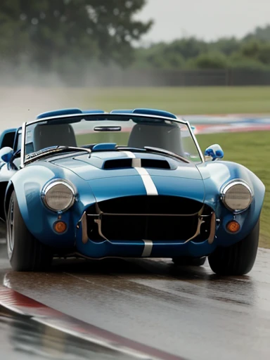 Shelby Cobra running at high speed in the rain,