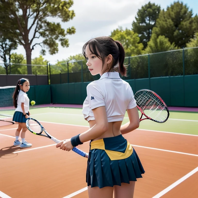 ((((Very young kindergarten or early elementary school age girls: 1.6)))),((Accidentally showing her asshole)),(((Very small breasts and very flat chest))),((Accidentally Exposed Butt:1.7)),((Nipples exposed due to accident:1.7)),A group of European middle school girls, , are practicing their tennis smashes on a well-maintained school tennis court. They are dressed in sporty, matching tennis outfits—white shirts with pleated skirts or shorts, paired with comfortable sneakers. The girls are focused, their faces showing determination and athletic prowess as they work on perfecting their powerful smashes. The court is surrounded by a green fence, with a few trees and the school's red-brick buildings visible in the background. Some girls are mid-air, their rackets high as they execute their shots, while others are lined up, watching and waiting for their turn with focused expressions. The sun is shining brightly, casting long shadows on the court, and the atmosphere is one of intense practice and camaraderie as they encourage each other and refine their skills.(masterpiece), (Highest quality),Ultra-high resolution, Caustics, Get used to it, Beautiful Get used to it FACE,Perfect Anatomy,Cowboy Shot,Solo Beauty、日BookのBookを読む人、Black Hair,Short Bob Hair,black eye,Slender body,Ideal body type,Medium chest,Sunburned skin,Glowing Skin,Oily skin,Glowing Skin,Are standing,ponytail,((latex、Tennis uniform、White polo shirt、White pleated mini skirt)),tennis racket１Book、正しく描かれたtennis racket:1.12、Outdoor、Tennis court、，Full body image((beautiful pussy line:1.1)