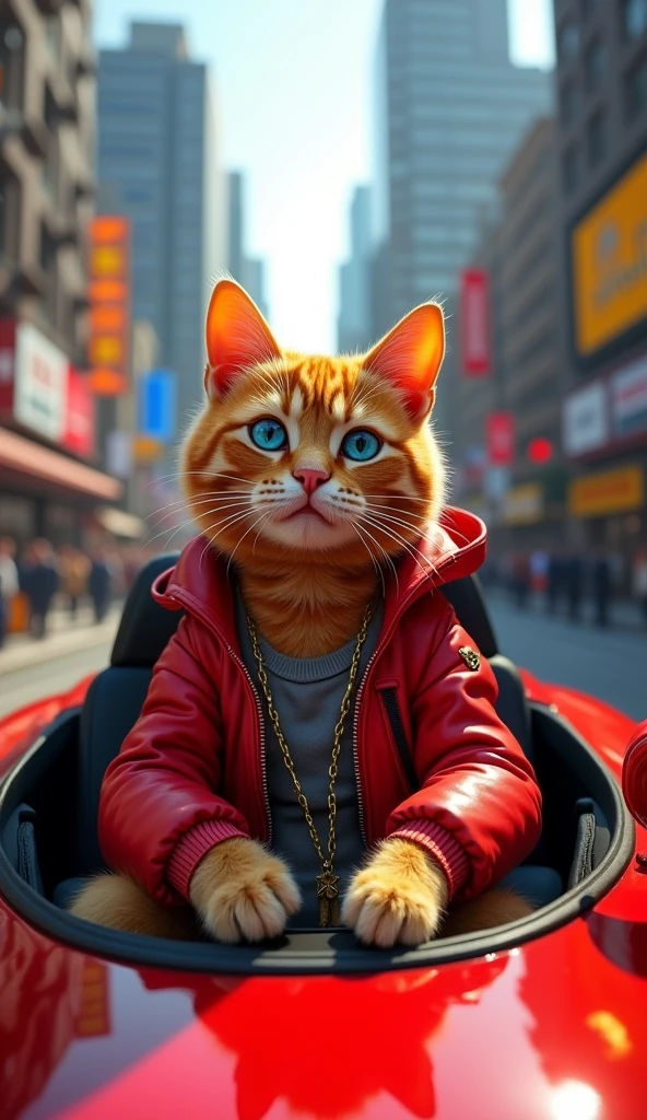 Photorealism Create a picture of an orange cat with blue eyes, flat nose, facing the camera, wear cool clothes, sports shoes, sitting in the front seat of a red Ferrari, with the city center in the background, wide, full body, image don&#39;t be too close 8k super realistic 