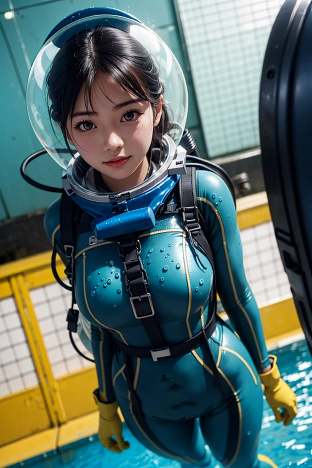 (8k, RAW photo, best quality, masterpiece), (photorealistic), outstanding details, ultra-high resolution, anatomically correct, textured skin, space helmet, helmet, , diving lama
underwater, 
(Cute Japanese girl , 20-year-old), bodysuit