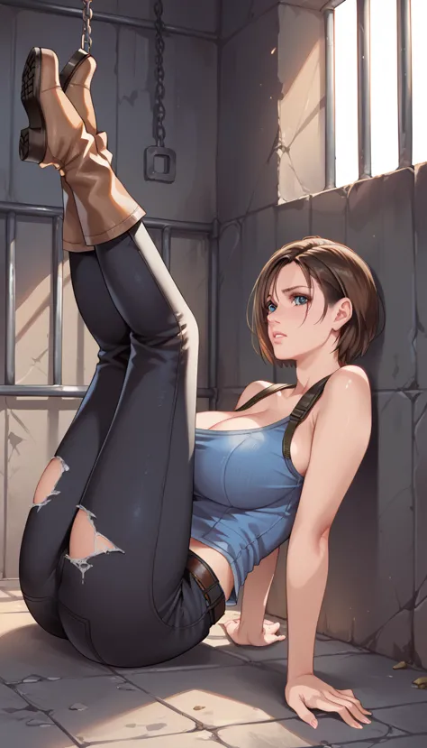 score_9, score_8_up, score_7_up, ((best quality)), ((high resolution)), jill valentine, short hair, short hair, blue top, huge b...