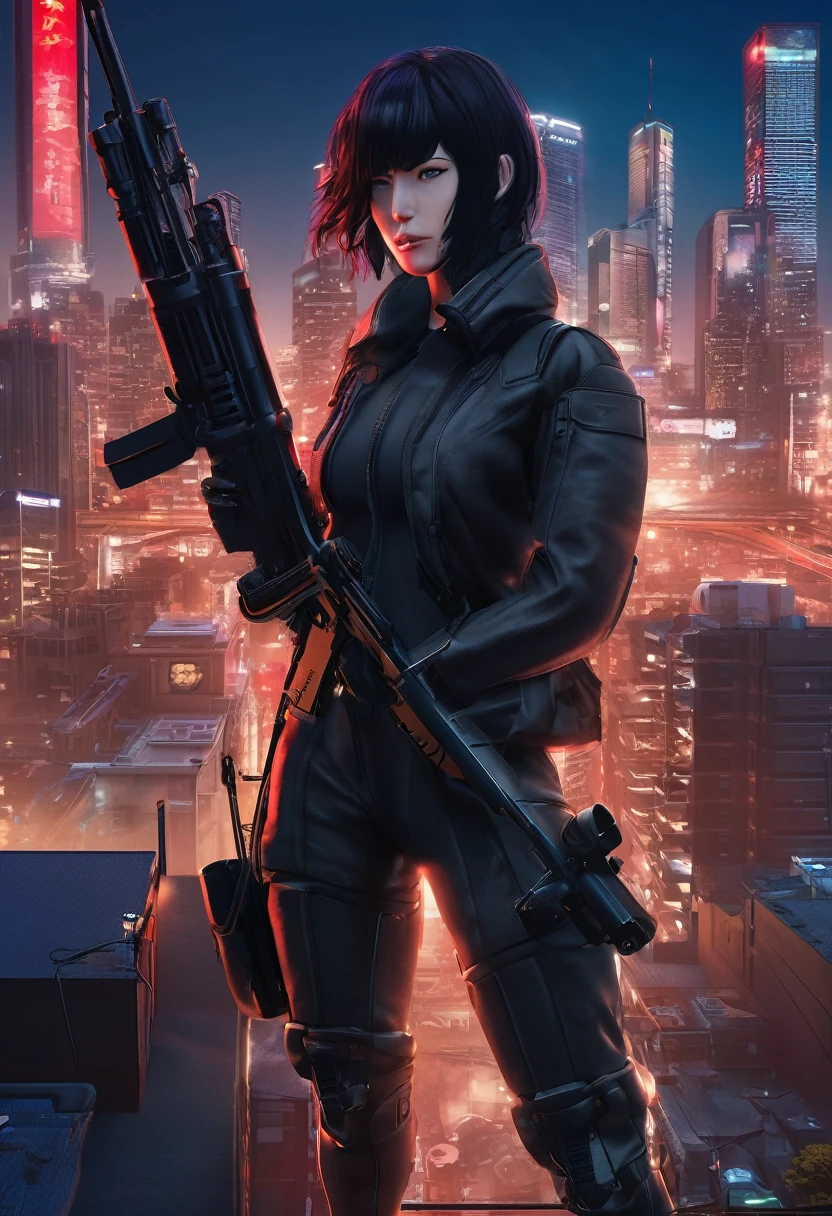 (​masterpiece:1.2,best quality,extremely detail,leistungsstarke backdropbeleuchtung:1.3,Silhouette:1.45),, , //Character, 1 single mercenary,Ghost in the Shell Kusanagi Motoko,One eye glows red:1.2,Facial expression Murderous look,City view.Black, a leather suit:1.2, Hand holding a huge anti-tank rifle (Winchester Williams .50),standing pose,(Viewing angle upwards:1.35), , //backdrop, in Rooftop of a building at night backdrop:1.2,,8k,UnrealEngine5.Unity.OctaneRender