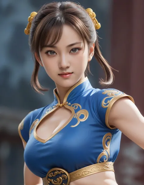 《street fight ii》chunli,perfect chunli costume,blue and gold cheongsam,bunhead,good cover,combat stance,high kick,kick、please pu...