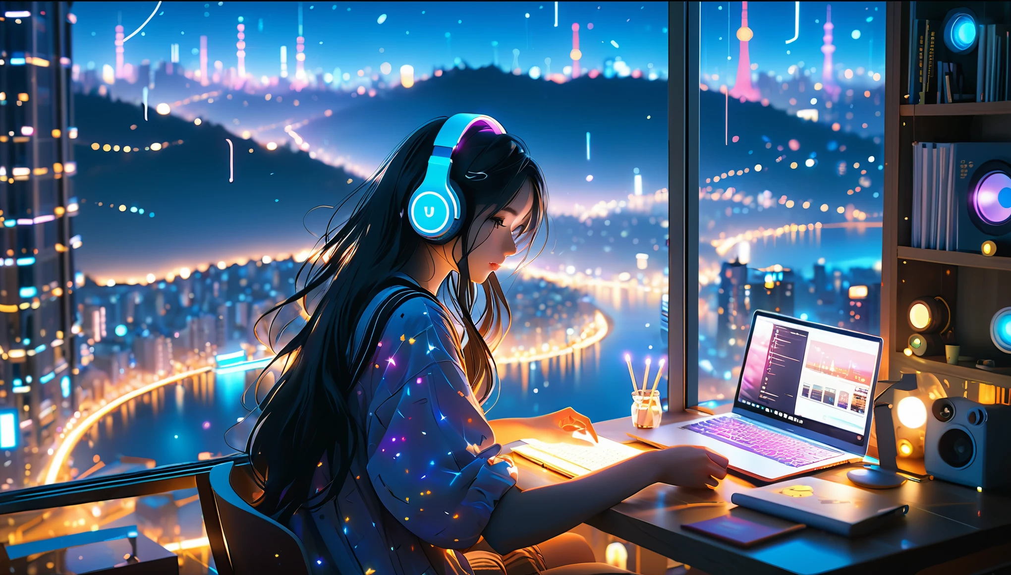 Beautiful girl studying in her room while listening to music with headphones、long hair、Warm indirect lighting、Beautiful cityscape from the room window、Japanese anime style、