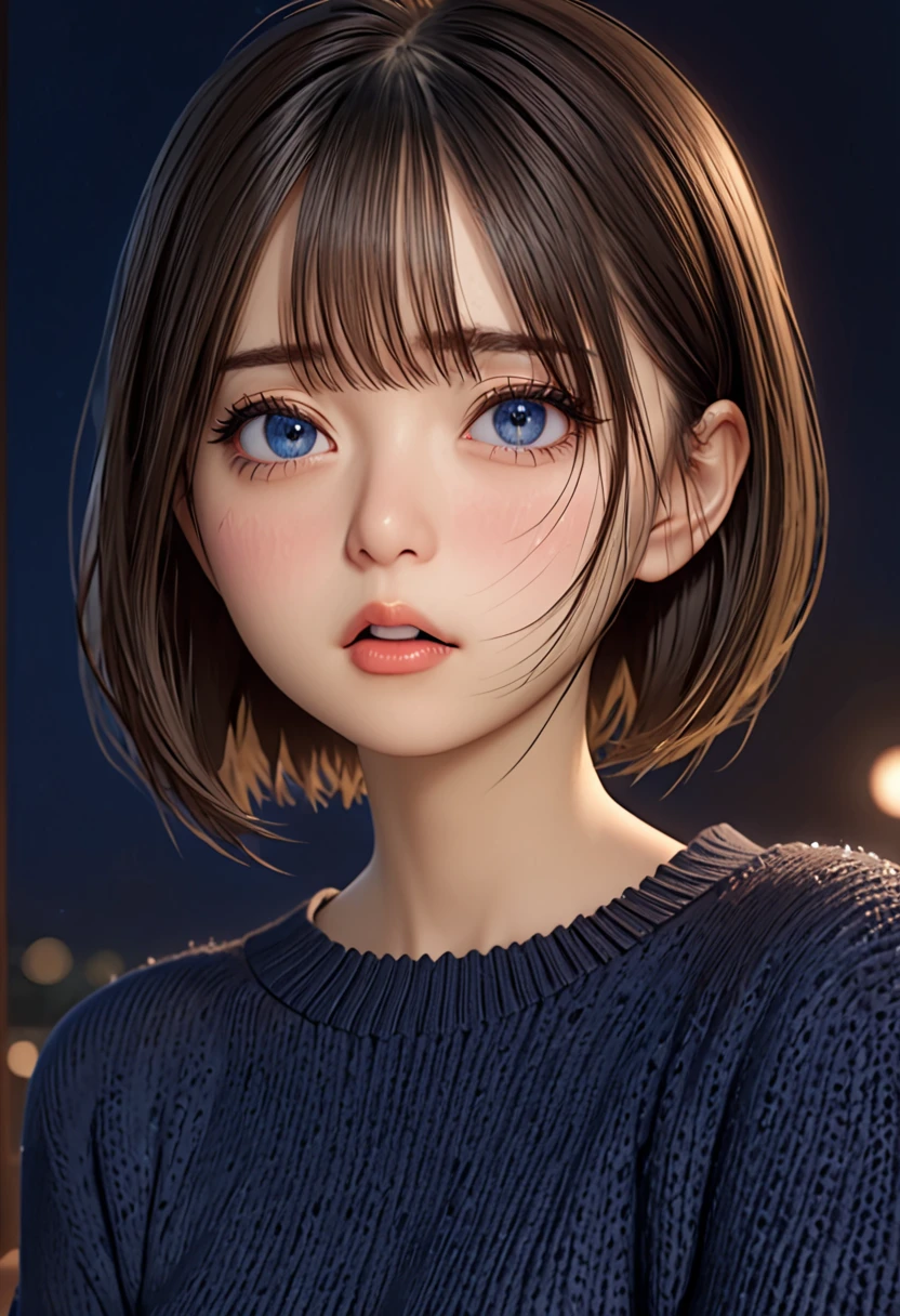 ((portrait))、masterpiece,High resolution, refer to, 3D, realism, To the camera, night, midnight,Light,(1 female: 1.3), (alone: 1.4), Long eyelashes, short sleeve、Refreshing knitwear ,Brown short bob, Complex pupil,  Deep blue eyes,  Blushed, shy, Open your mouth, (tear up)