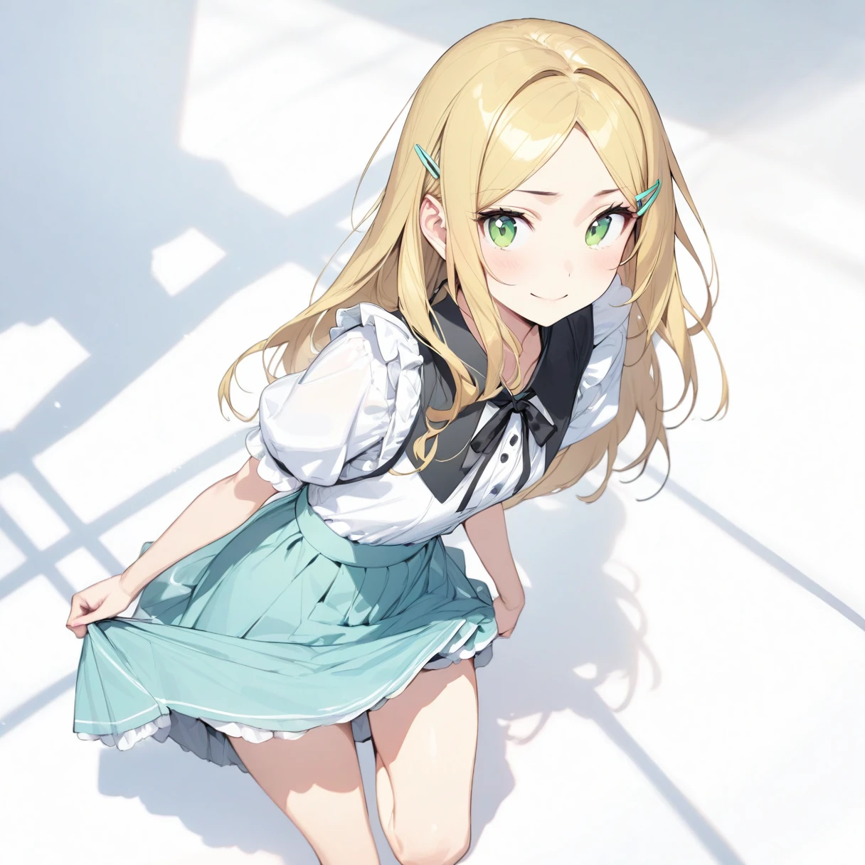 (masterpiece), (Highest quality), High resolution, (Very detailed), (Best illustrations), (Best Shadow), (Beautiful girl), (Absurd), (White background), (White Room), (White carpet), 

My Little Sister Can&#39;t Be This Cute, (Kirino Takasaka), (kirino kousaka), 
Blonde, Long Hair, Hair Clip, Green Eyes, bangs, Shyness, smile, Pitiful, 

 (Highly detailed face), Thin legs, 
(One person、solo:1.6), Big eyes,slender, Beautiful Skin, clear, 
whole body, Full Shot, 

Short skirt maid outfit, ribbon pink striped underwear, White frilly underwear, Underwear with a small ribbon,
(Skirt Lift:1.5),(Grab your skirt:1.5), 

View from the front, 