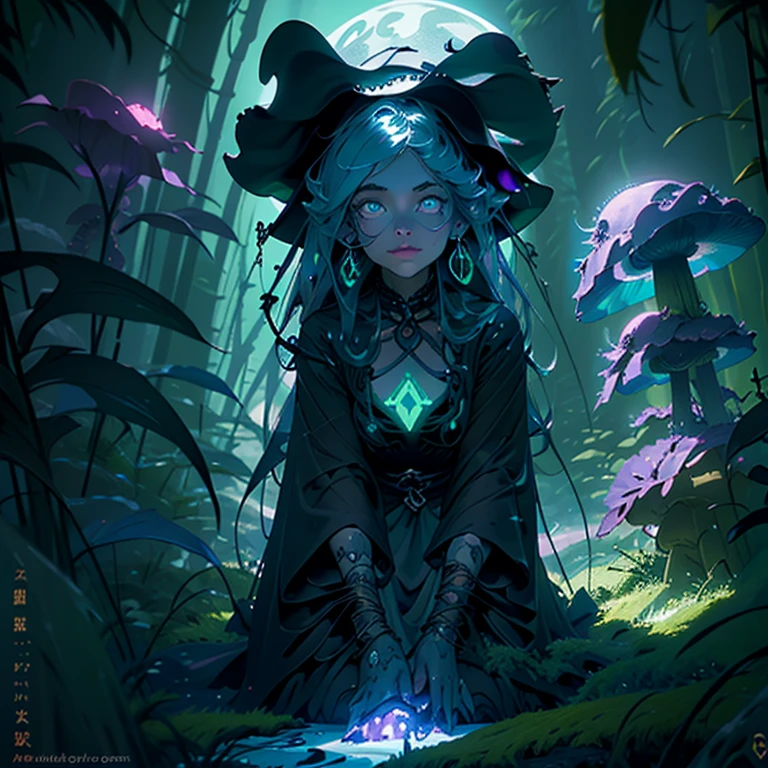 A mysterious, ancient witch with flowing, dark hair, standing under a towering, bioluminescent mushroom forest. The moonlight casts eerie shadows on her face, highlighting her glowing, emerald eyes. The forest is filled with vibrant, otherworldly mushrooms of various shapes and sizes, their colors ranging from deep purple to neon green.