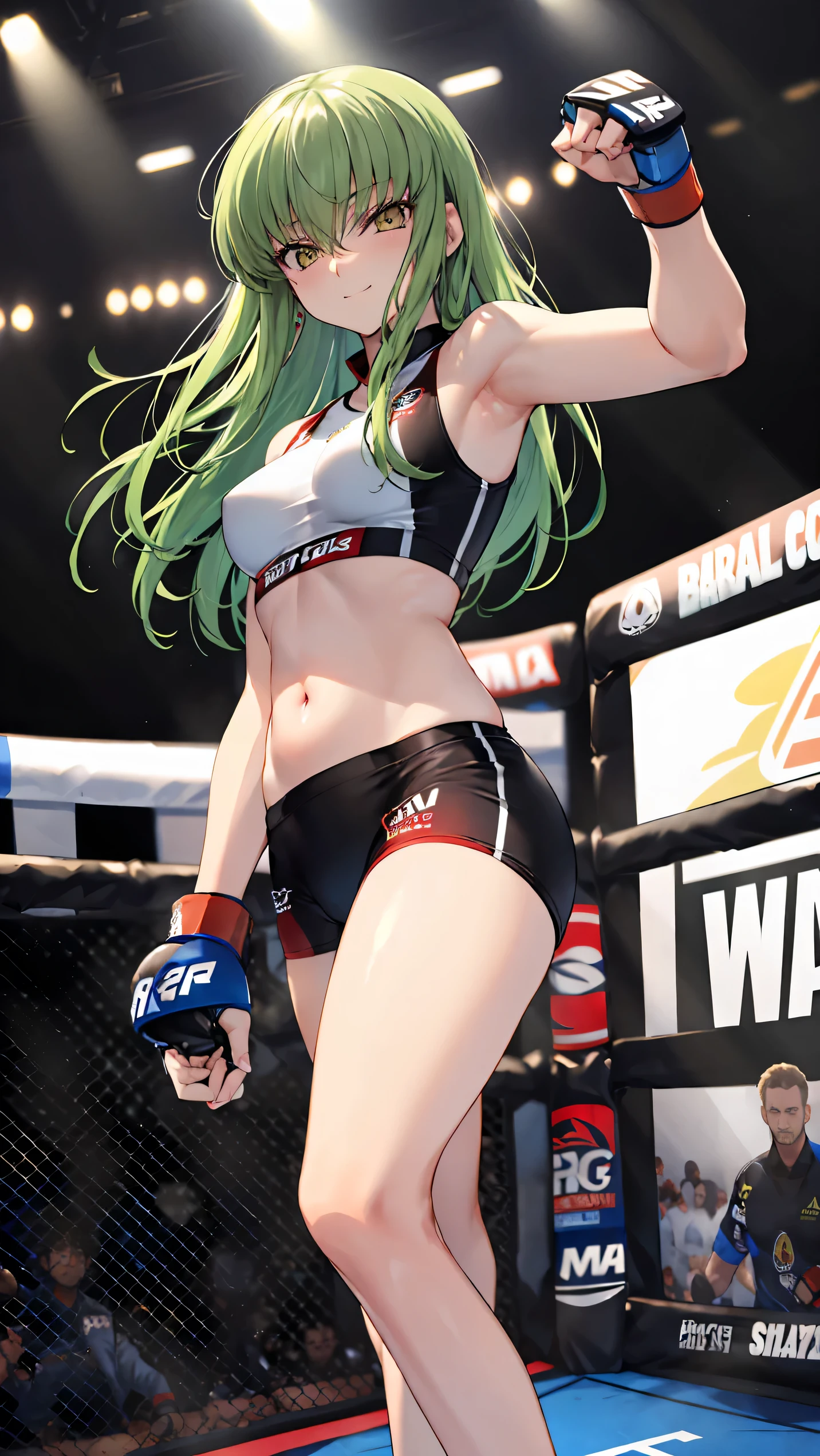 CC_Code Geass, Hair between the eyes, Very long hair 1 person, Bright light, smirking, alone, full body shot, From below, Fighting, (masterpiece, Highest quality), 8k, Intricate details, (on MMA Arena :1.5), (wearing MMA uniform:1.5, white tops and black bottoms:1.3), belly button,Slender body,Slim,((Highest quality)), Sharp focus: 1.2, Highly detailed face, Highly detailed eye,Toned stomach,