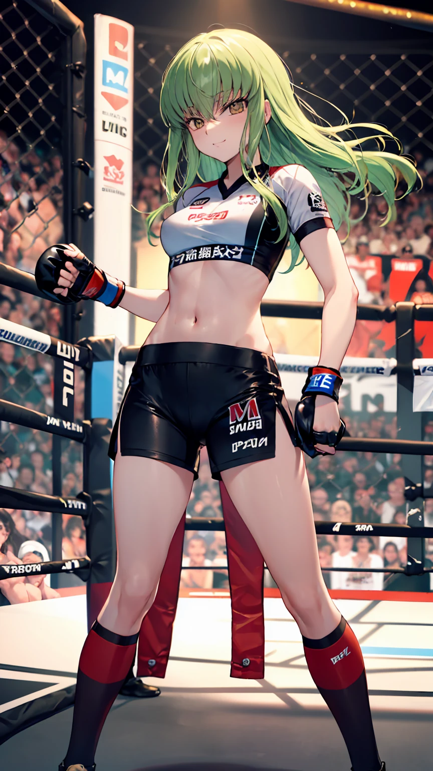 CC_Code Geass, Hair between the eyes, Very long hair 1 person, Bright light, smirking, alone, full body shot, From below, Fighting, (masterpiece, Highest quality), 8k, Intricate details, (on MMA Arena :1.5), (wearing MMA uniform:1.5, white tops and black bottoms:1.3), belly button,Slender body,Slim,((Highest quality)), Sharp focus: 1.2, Highly detailed face, Highly detailed eye,Toned stomach,