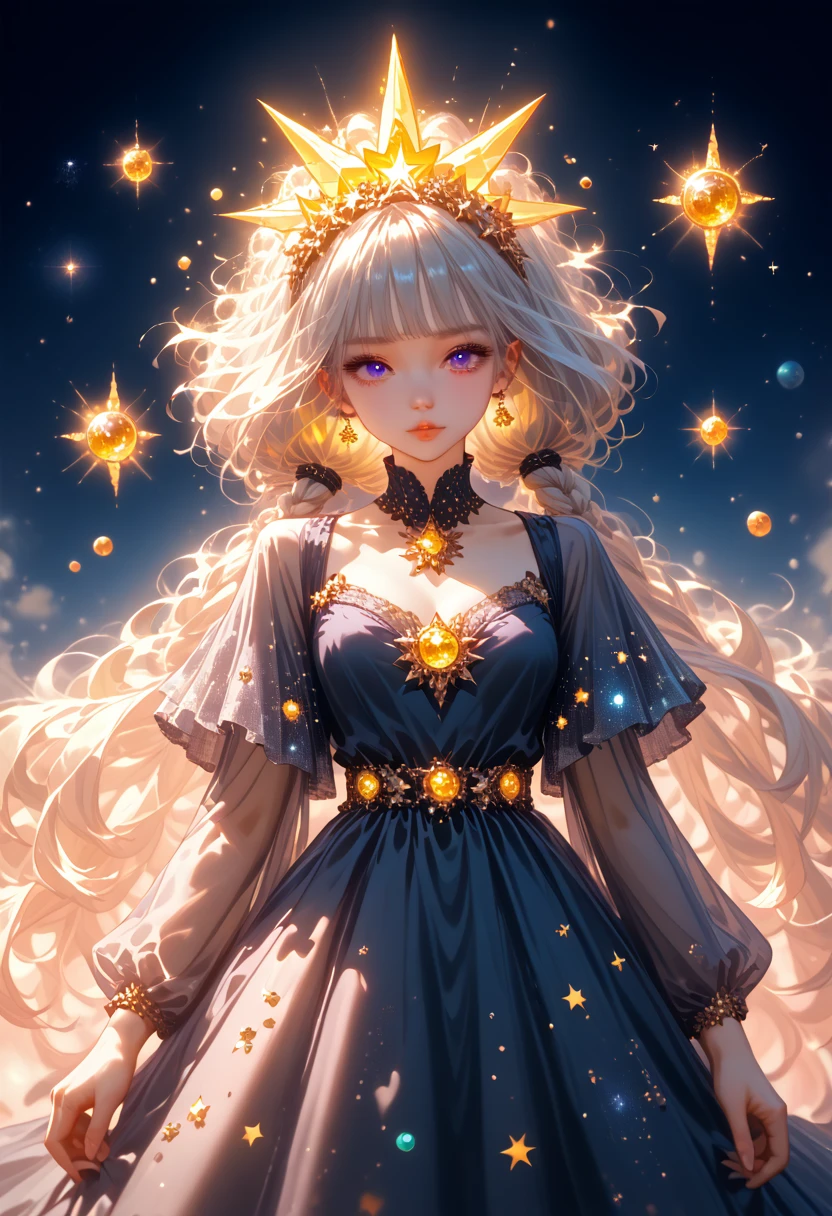  8k,Magical girl, Very long hair, braids, starry night dress, the dress falls, open dress, Revealing dress, luminous constellations on fabric, Silver and gold accents, flowy dress, the dress is open, crescent moon brooch, space patterns, rainbow layers, Luminescent halo, glittering cosmic dust around it, transparent veil with twinkling stars, orbit shaped necklaces, embroidered celestial symbols, shiny blue and purple shades, ethereal glow, emanating from her dress, floating celestial crystals, ball of light in hand, soft, a shining glow around her, break, ethereal glow, bright colors, mystical aura, Sparkling particles, detailed background, fantasy setting, Celestial Elements, soft lighting, A bizarre environment, dynamic pose, light reflections, Light particles, g0thicPXL, luminous, neon, galaxy aesthetics, Space Nebulae, shooting stars, Northern lights, Galactic background, twinkling clusters of stars. space background, retina, accurate, masterpiece, super detail, high detail, Best quality, award-winning, a high resolution, HD, 4K, 8 K, 16 thousand., retina, accurate, masterpiece, Anatomically correct, textured leather, super detail, high quality, award-winning, a high resolution, 8 K, 16 thousand.