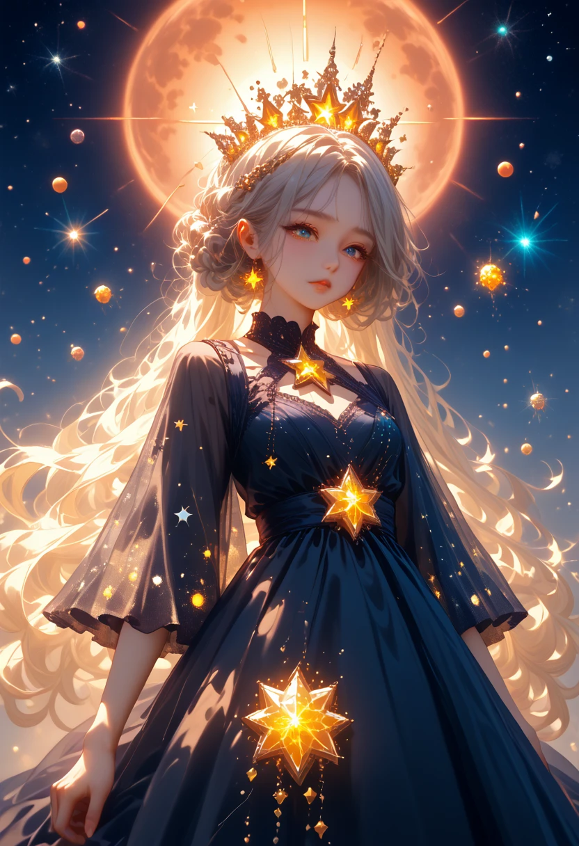  8k,Magical girl, Very long hair, braids, starry night dress, the dress falls, open dress, Revealing dress, luminous constellations on fabric, Silver and gold accents, flowy dress, the dress is open, crescent moon brooch, space patterns, rainbow layers, Luminescent halo, glittering cosmic dust around it, transparent veil with twinkling stars, orbit shaped necklaces, embroidered celestial symbols, shiny blue and purple shades, ethereal glow, emanating from her dress, floating celestial crystals, ball of light in hand, soft, a shining glow around her, break, ethereal glow, bright colors, mystical aura, Sparkling particles, detailed background, fantasy setting, Celestial Elements, soft lighting, A bizarre environment, dynamic pose, light reflections, Light particles, g0thicPXL, luminous, neon, galaxy aesthetics, Space Nebulae, shooting stars, Northern lights, Galactic background, twinkling clusters of stars. space background, retina, accurate, masterpiece, super detail, high detail, Best quality, award-winning, a high resolution, HD, 4K, 8 K, 16 thousand., retina, accurate, masterpiece, Anatomically correct, textured leather, super detail, high quality, award-winning, a high resolution, 8 K, 16 thousand.