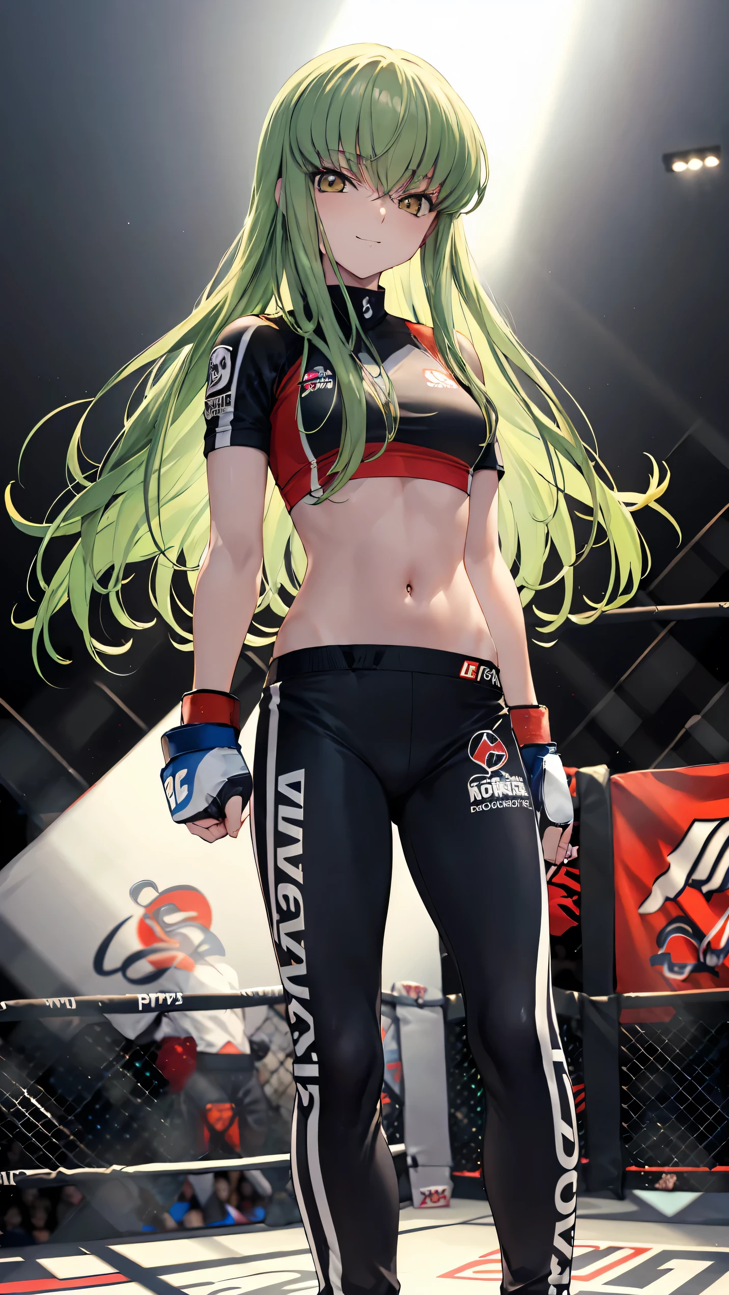 CC_Code Geass, Hair between the eyes, Very long hair 1 person, Bright light, smirking, alone, full body shot, From below, Fighting, (masterpiece, Highest quality), 8k, Intricate details, (on MMA Arena :1.5), (wearing MMA uniform:1.5, white tops and black bottoms:1.3), belly button,Slender body,Slim,((Highest quality)), Sharp focus: 1.2, Highly detailed face, Highly detailed eye,Toned stomach,