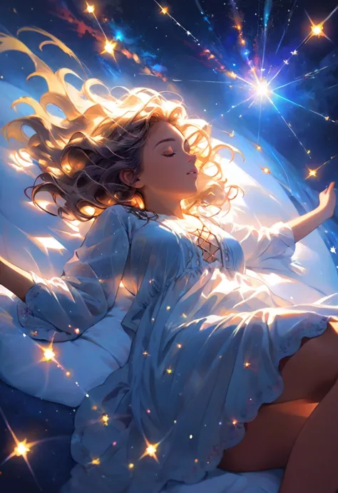 (masterpiece, best quality), deep ebony woman, beautiful face, wavy hair,  sparkling colorful stardust,   sleeping as she floats...