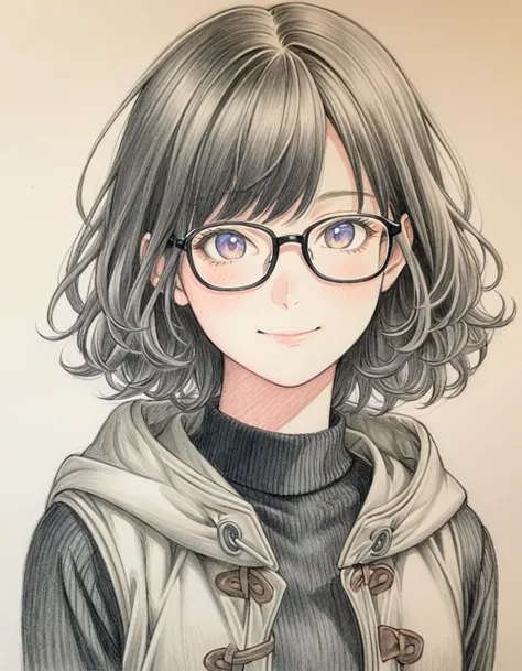 1 female, 30-year-old, alone, thin, slender, small breasts!!!, short hair, curly hair, thin, slender, (((glasses))), duffle coat...