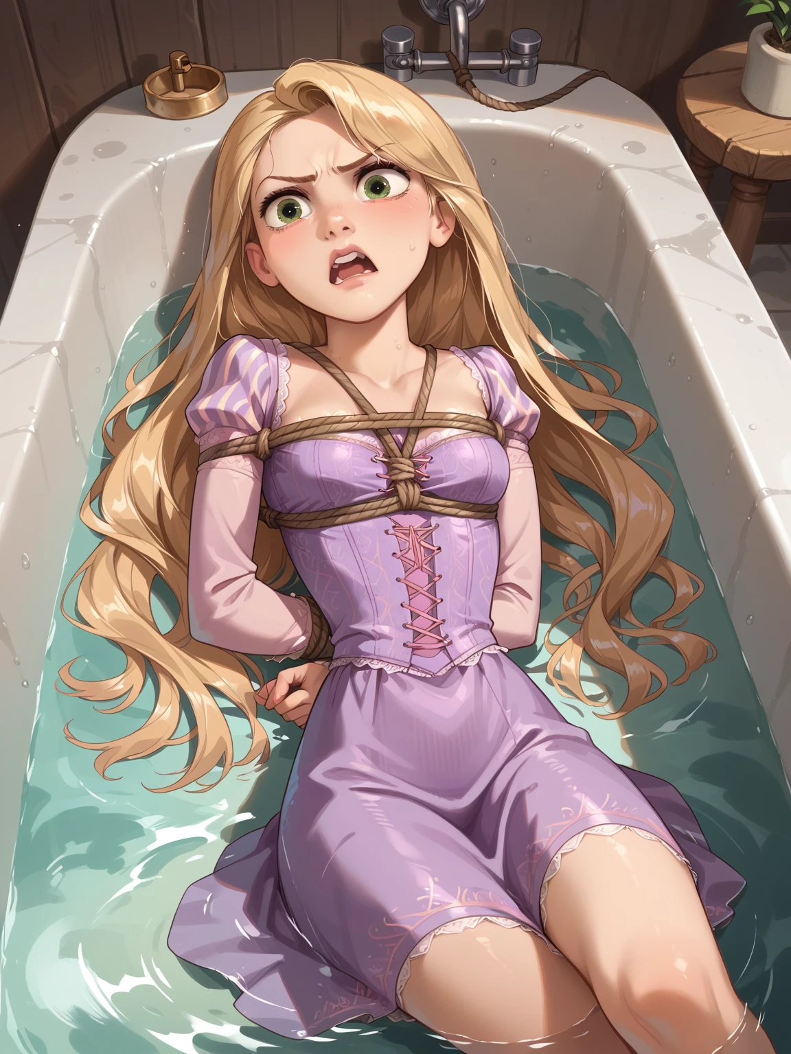 score_9, score_8_up, score_7_up, 1girl ,rapunzel, bondage breast, rope bondage, dress, angry face, open mouth, hands behind back, arms bound, on back, lay back, leaning on bath up, bath up, drown, water over body, in bath up