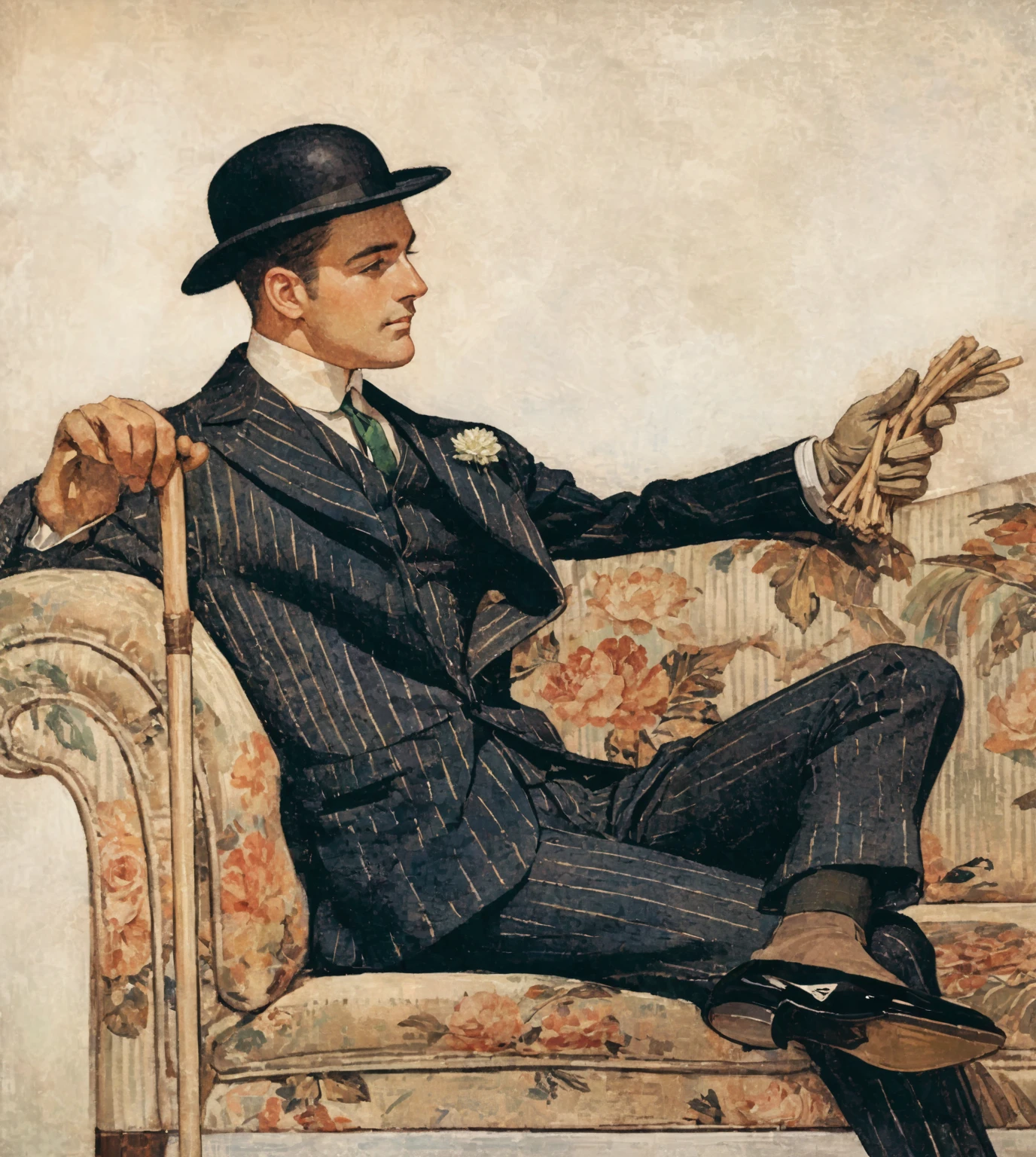 A man in a dark pinstripe suit with a green tie and white boutonniere、Lying comfortably. They are sitting on decorative things, Floral sofa. The man was wearing a black bowler hat、One hand with a glove、In the other hand he holds a stick. Background、Features subtle patterns in earthy tones. The lighting is even, It creates a sophisticated and sophisticated atmosphere..