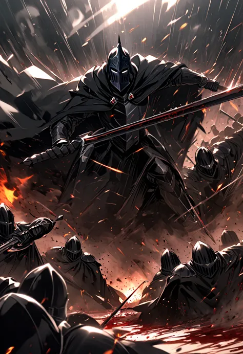 dark knight, long black cape, black helmet with silver face mask, general high black knight against an army, huge battle, bloods...