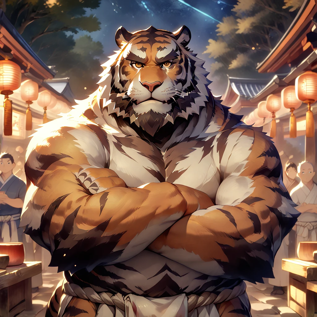 ((whole body)), summer festival, topless, (fundoshi), ((plump middle-aged tiger man)), standing, crossing one's arms, (brown eyes), beautiful beard, (male face), (big face:0.5), square jawline, (Male Eyes:1.2), (sharp eyes:0.8), (big eyes:0.5), male eyebrows, (innocent look:0.5), fluffy body, BREAK starry sky, shrine, highly detailed,