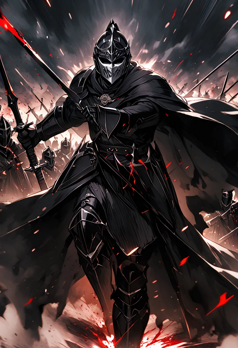 Dark knight, long black cape, black helmet with silver face mask, general high black knight against an army, huge battle, bloodstains, Mediovale