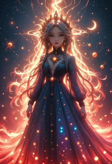 8k,magical girl, very long hair, braids, starry night dress, the dress falls, open dress, revealing dress, luminous constellatio...