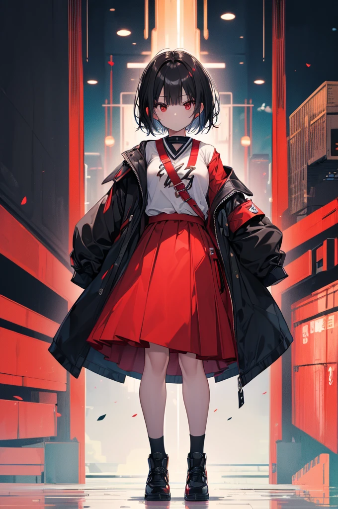 (masterpiece, highest quality, highest quality, (No text), Beautiful and aesthetic:1.2),No text,アニメ、BREAK,One Girl，Black Hair Girl　 adult　short hair　older sister　Beautiful eyes　Red eyes　cool　Black and Red　skirt　Black jacket　White clothing　Full Body Outdoors