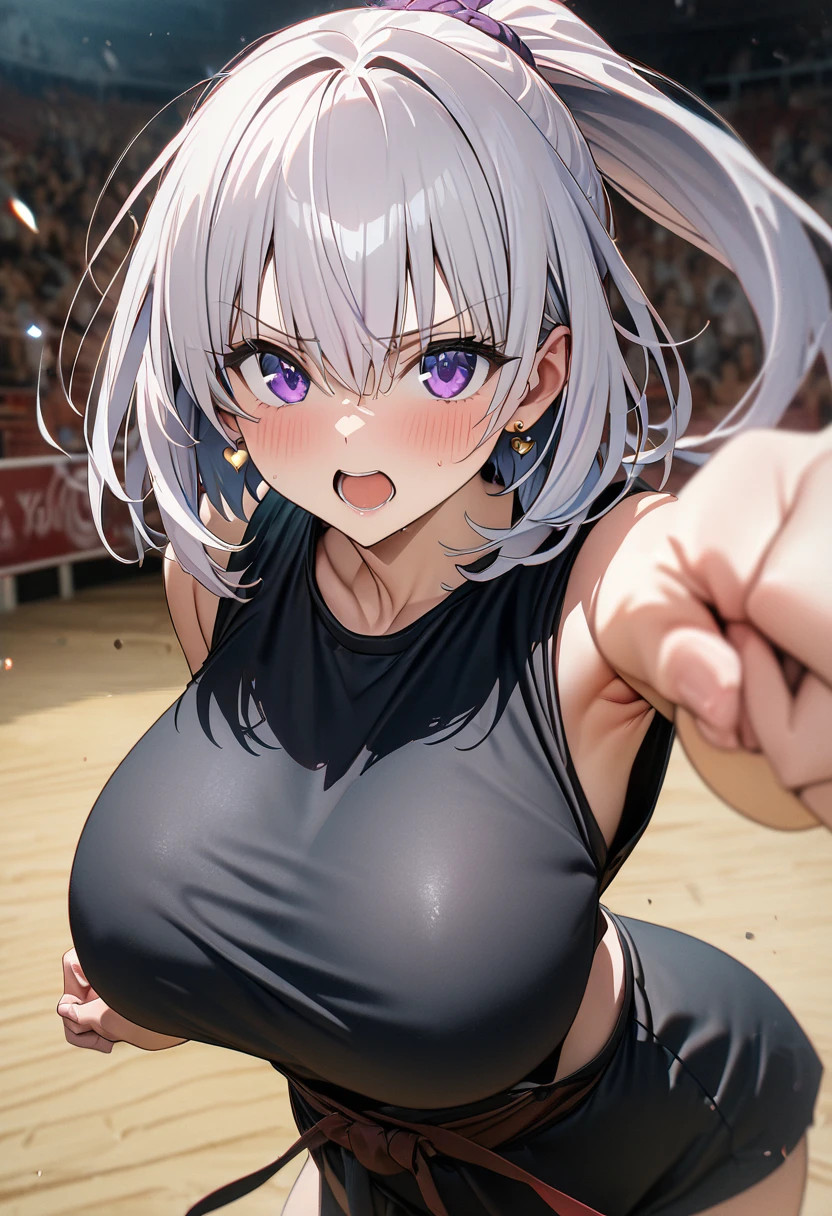 ((masterpiece,Highest quality,8k,Ultra-high resolution)),1 person　、　One College Girl　　　, Momo Belia Deviluke,                                     View your viewers,   Glare　,                                                                    Silver Hair　, short hair,  ponytail、Hair hanging over one ear、　Gold heart earrings 、        Purple eyes,               Open your mouth a little　、                                                Slim body, Big Breasts　　　　　　　　　　　　　　　　、　Martial artist attire　、　Arena　、Fighting Pose