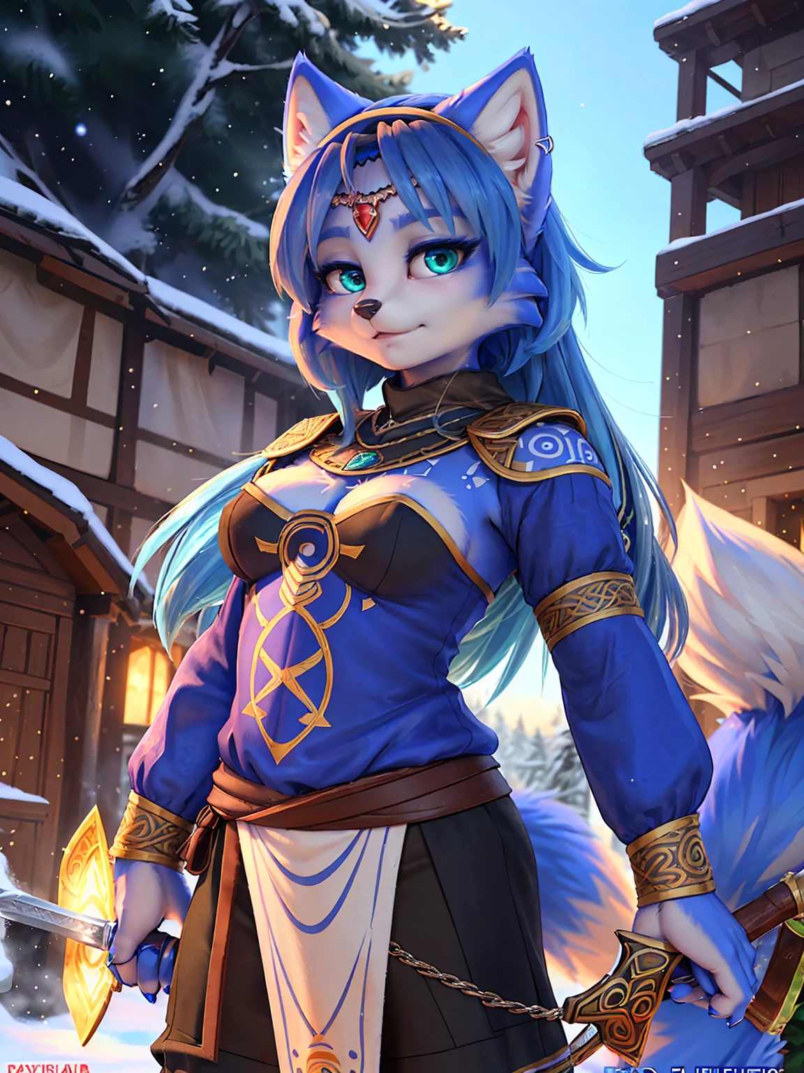 a picture of ((krystal)), Star Fox krystal, lovable, green eyes, medium breasts, (((Long blue hair 1.3))), Decollete, anthro, furry, Uploaded E621, detailed fluffys fell, (von Fluff-Kevlar, Bayard Wu, Pino Daeni), detailed face, (fluffy), 1 girl, alone, sweet girl, alone, ((​masterpiece, highest quality, Highest image quality, High resolution, photorealestic, RAW-Foto, 8k)), wavy medium length haircut, Fur all over the body,Looking for a cock, standing in the winter foAuflösungt, (((Wears Celtic medieval warrior clothing))) ,(((holding sword))) , (((complete outfit))), (((ready for battle))), secure content, ((High quality)),