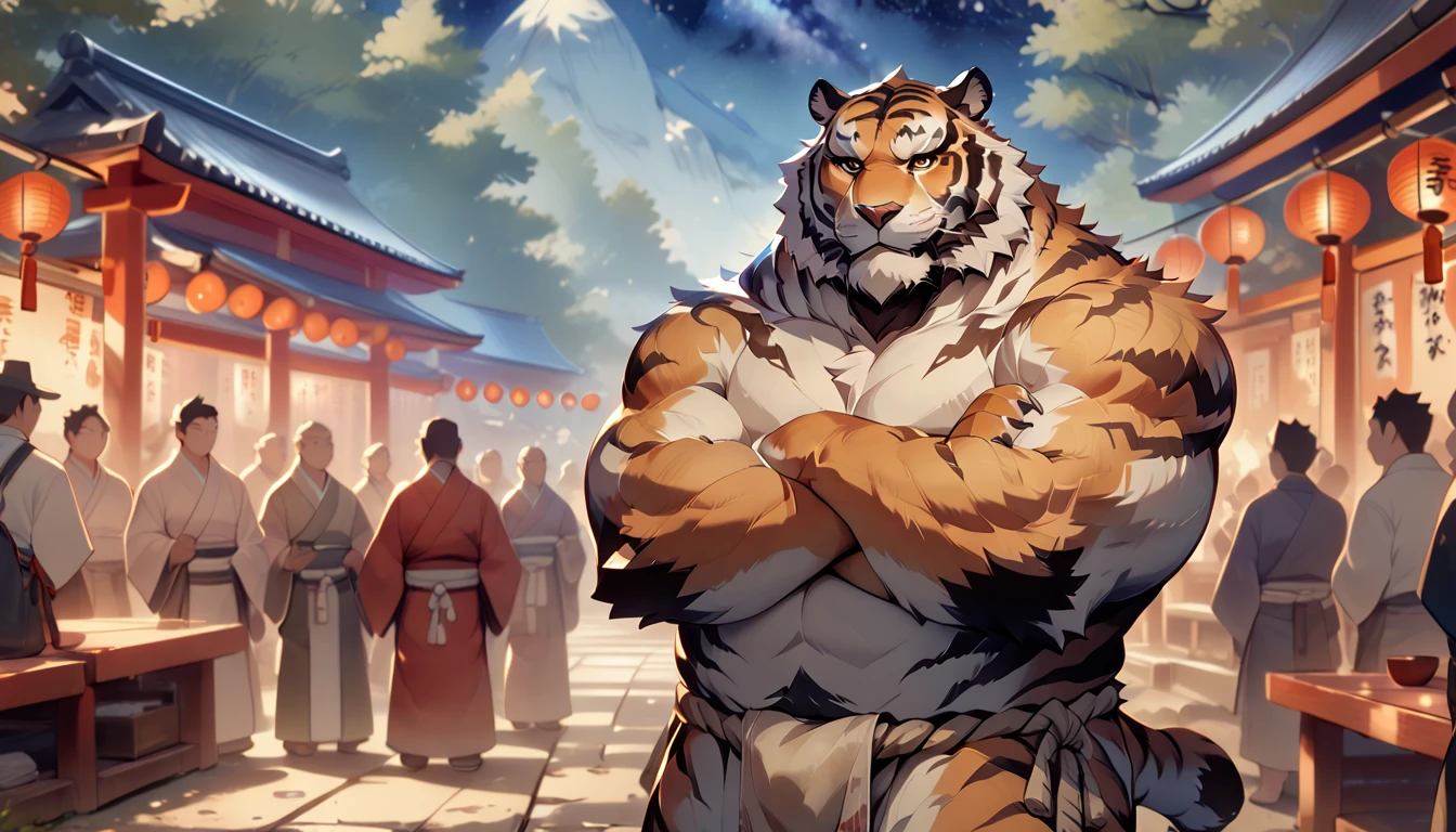 full body, summer festival, topless, (fundoshi), ((plump middle-aged tiger man)), standing, crossing one's arms, (brown eyes), beautiful beard, (male face), (big face:0.5), square jawline, (Male Eyes:1.2), (sharp eyes:0.8), (big eyes:0.5), male eyebrows, (innocent look:0.5), fluffy body, BREAK starry sky, shrine, highly detailed,