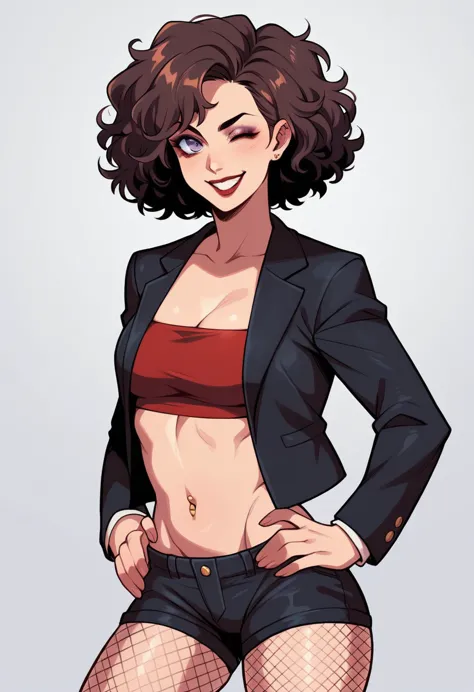 smiling, short curly hair, dark blazer, red tube top, dark shorts, fishnet stockings, gold belly button piercing, confident pose...