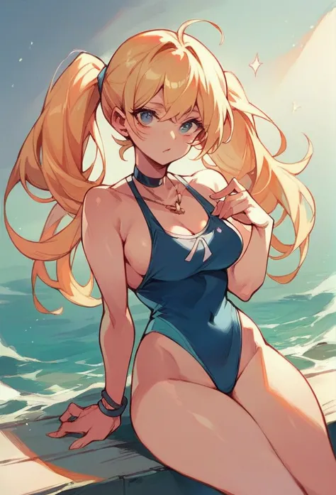 swimwear　ocean　blonde　twin tails