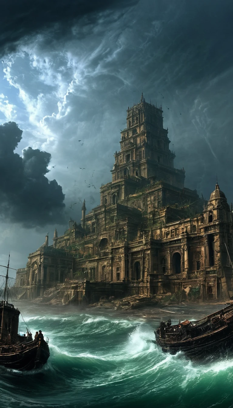 wasteland, Sci-Fi Art, in style of Charles-Francois Daubigny, cinematic, artistic，Dragon Hurricane Brings Lost Atlantis from the Deep Sea to the Sky，Ancient Architecture/ancient architecture，dark clouds，tornado，Fantasy，A sense of vicissitudes，stale，Spectacular