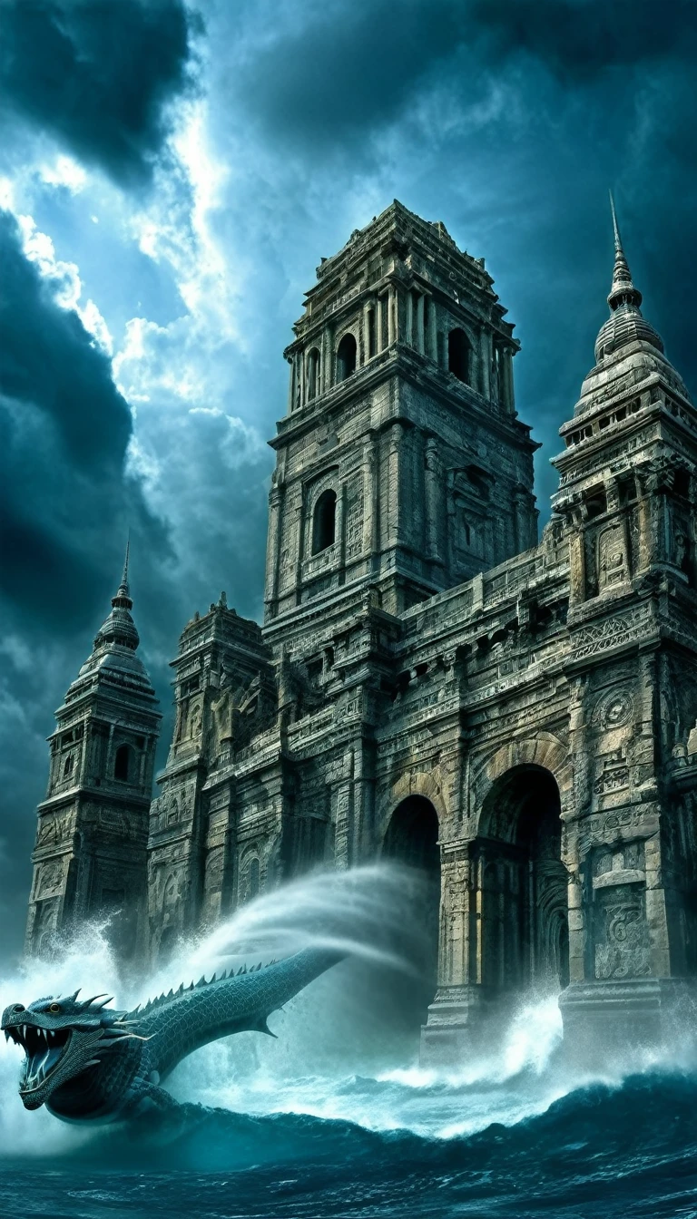 Dragon Hurricane Brings Lost Atlantis from the Deep Sea to the Sky，Ancient Architecture/ancient architecture，dark clouds，tornado，Fantasy，A sense of vicissitudes，stale，Spectacular