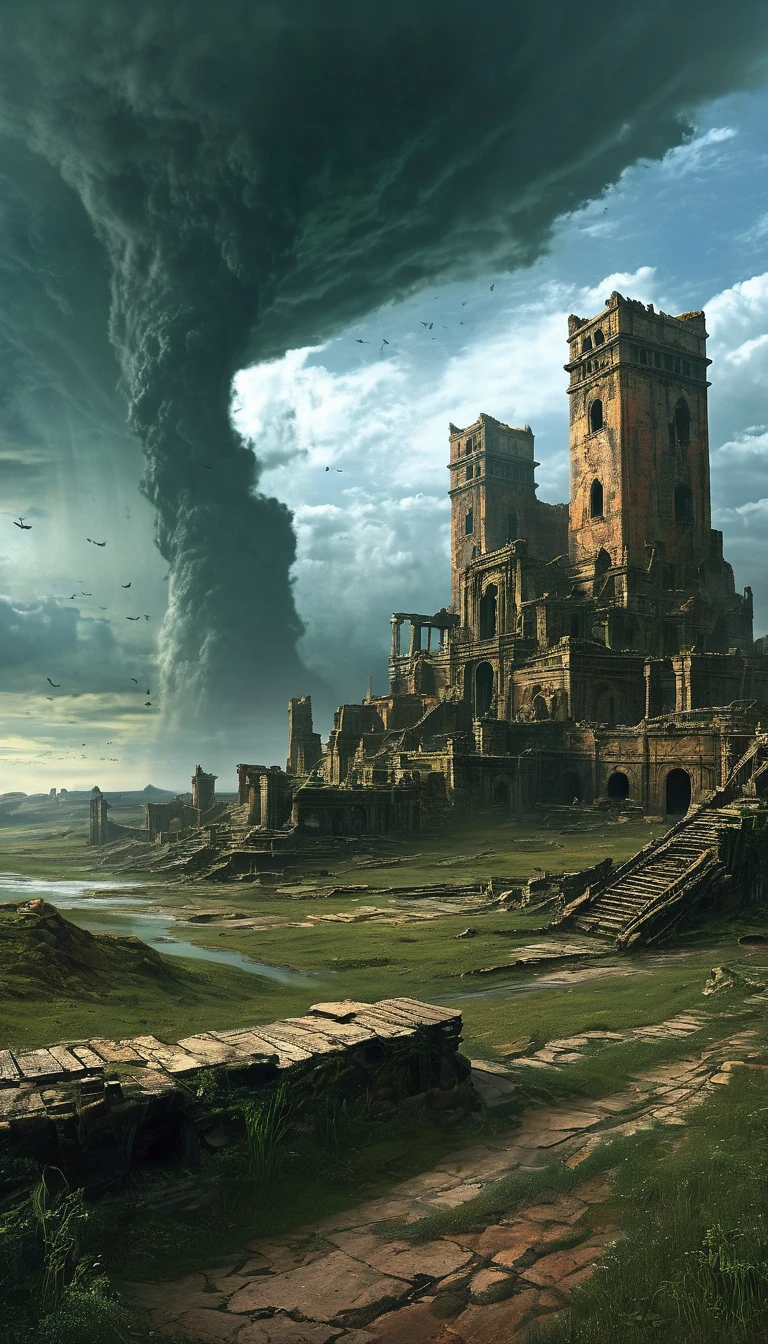 a vast, desolate landscape, sci-fi environment, in the style of Charles-Francois Daubigny, cinematic atmosphere, masterful digital art, ancient floating ruins, dramatic cloudy sky, towering swirling tornado, mystical fantasy elements, weathered and aged architecture, imposing scale, realistic lighting and textures, vivid colors, dramatic lighting