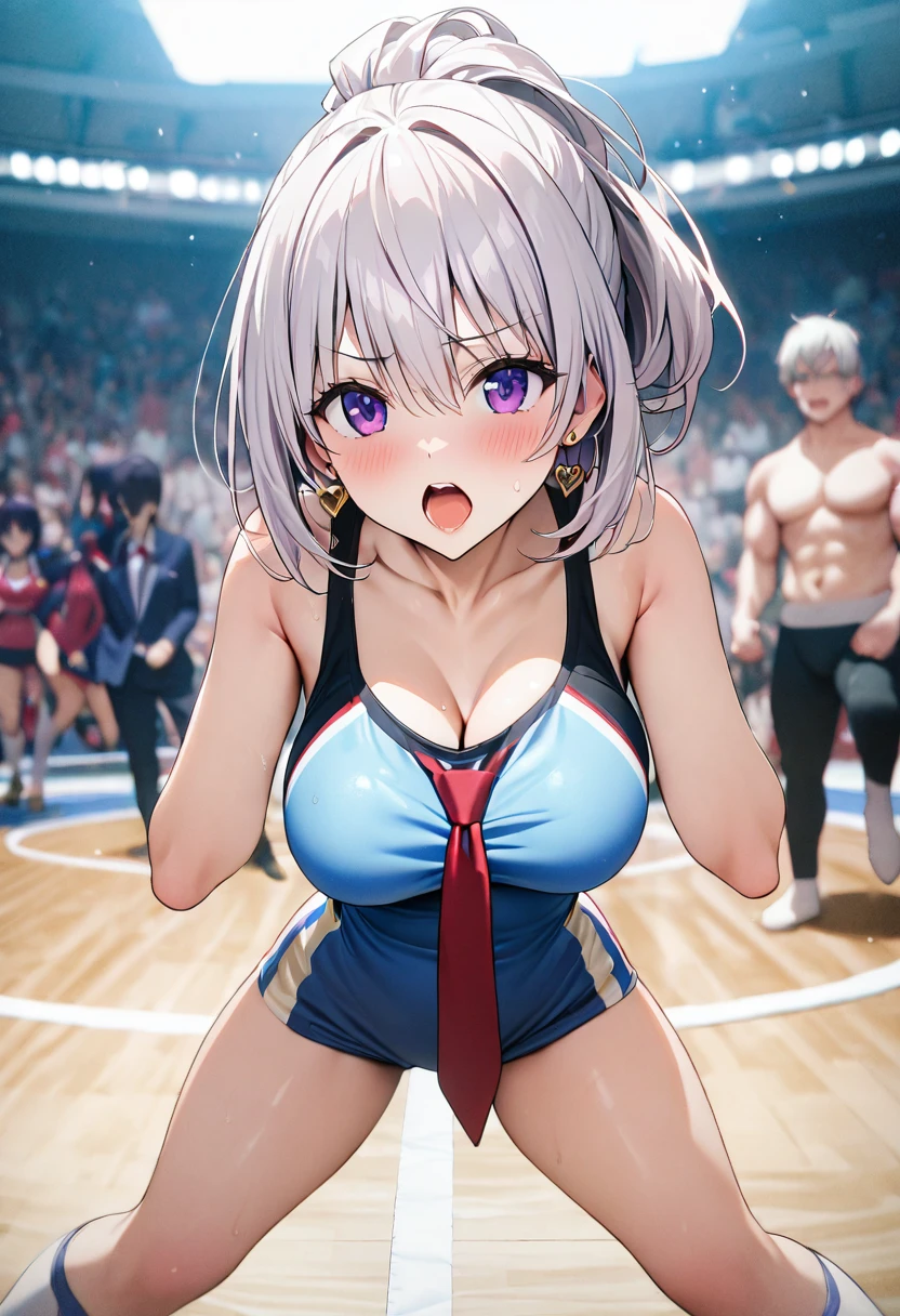 ((masterpiece,Highest quality,8k,Ultra-high resolution)),1 person　、　One College Girl　　　, Momo Belia Deviluke,                                     View your viewers,   Glare　,                                                                    Silver Hair　, short hair,  Tie your hair up、Hair hanging over one ear、　Gold heart earrings 、        Purple eyes,               Open your mouth a little　、                                                Slim body, Big Breasts　　　　　　　　　　　　　　　　、　Wrestling Uniforms　、　Arena　、Fighting Pose