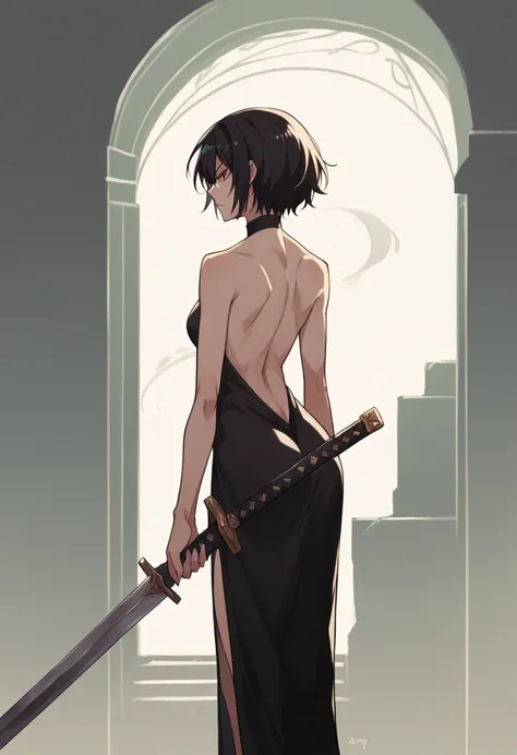 shadowy figure, serious expression, long disheveled hair, black clothing, loose material, women, holding a large sword, standing...